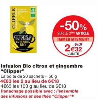 Monoprix Infusion bio citron et gingembre "CLIPPER" offre