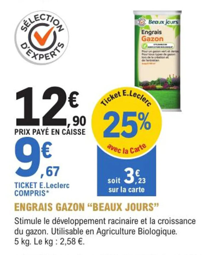 Promo Engrais gazon "beaux jours" chez E.Leclerc Jardi