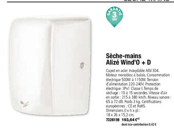 Plein ciel Sèche -Mains Alizè Wind 'O + D offre