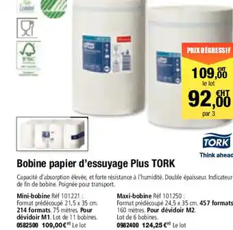 Plein ciel Bobine Papier D'Essuyage Plus Tork offre