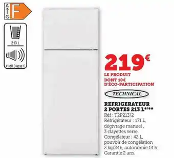 Hyper U Réfrigérateur 2 portes 213l technical offre