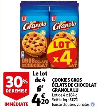 Auchan Cookies gros éclats de chocolat granola LU offre