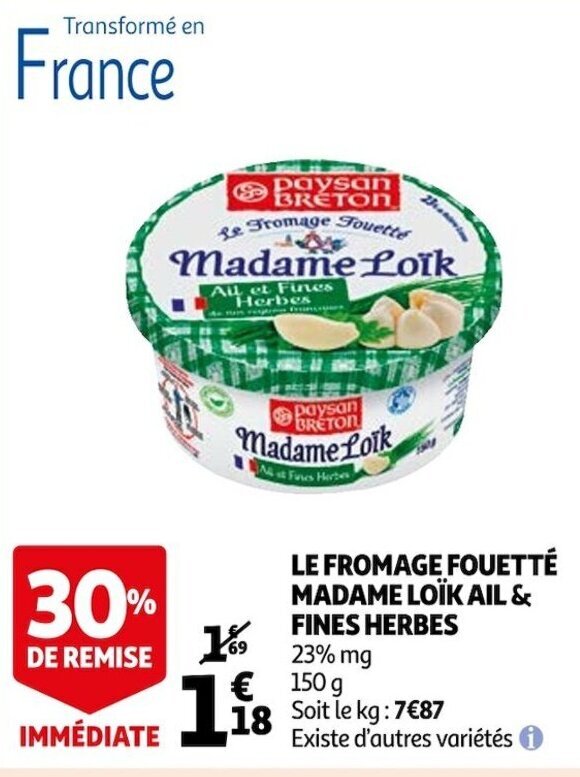 Promo Le fromage fouetté madame loïk ail & fines herbes chez Auchan