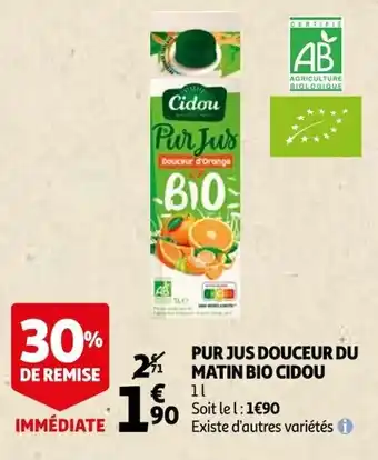 Auchan Pur jus douceur du matin bio cidou offre