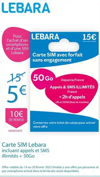 Auchan Carte SIM lebara incluant appels et SMS offre