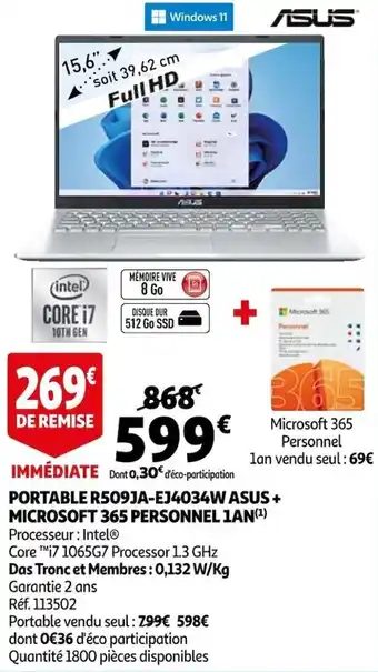 Auchan Portable R509JA-EJ4034W asus + microsoft 365 personnel 1AN offre