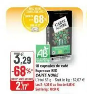 G20 10 capsules de café espresso BIO CARTE NOIRE offre