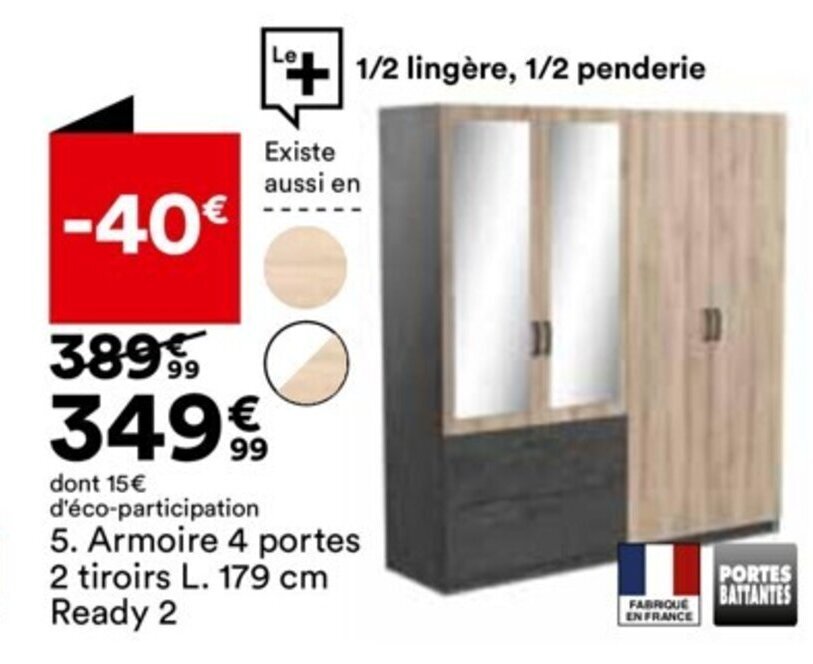 Promo Armoire 4 Portes 2 Tiroirs L. 179 cm Ready 2 chez BUT