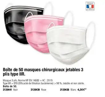 Plein ciel Boîte de 50 masques chirurgicaux jetables 3 plis type IIR offre