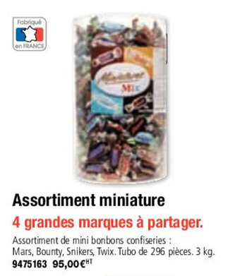 Assortiment de mini bonbons confiseries : Mars, Bounty, Snikers, Twix. Tubo  de 296 pièces. 3 kg.