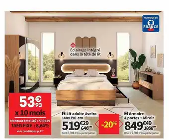 Conforama Lit adulte aveiro 140 x 190 cm, armoire 4 portes + miroir offre
