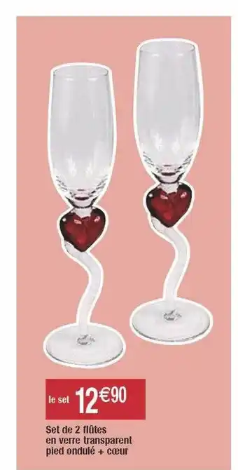 Migros Set de 2 flûtes en verre transparent pied ondulé + cœur offre