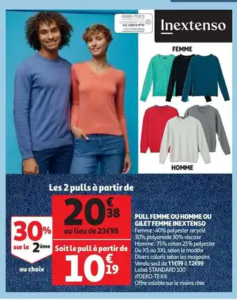 Auchan Pull femme ou homme ou gilet femme inextenso offre