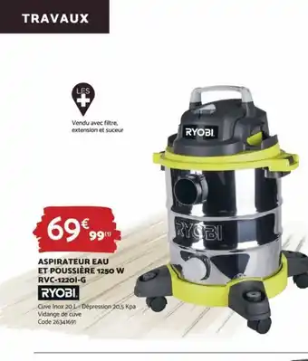 Bricomarché Aspirateur Eau Et Poussiére 1250 W RVC-1220l-G offre