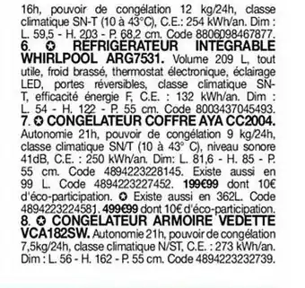 BUT Réfrigérateur intégrable whirlpool, congélateur coffre aya, congélateur armoire vedette offre