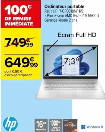 Carrefour Ordinateur portable hp 17-cp0318nf r5 offre