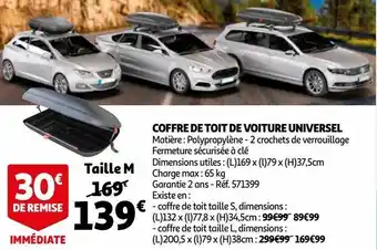 Auchan Coffre de toit de voiture universel offre