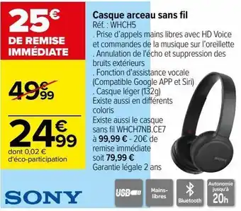 Carrefour Casque arceau sans fil whch5 offre