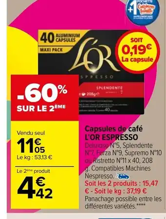 Carrefour Market Capsules De Café L'Or Espresso offre