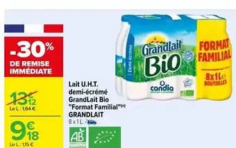 Carrefour Lait U.H.T. Demi-écrémé GrandLait Bio offre