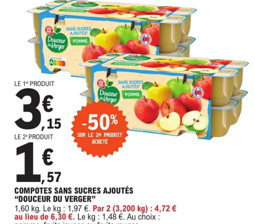 Promo Compotes Sans Sucres Ajoutés Douceur du Verger chez E.Leclerc Express