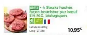 4 steaks hachés façon bouchère pur bœuf 5% M.G. biologiques