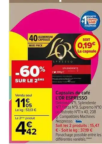 Carrefour Market Capsules de café l'or espresso offre