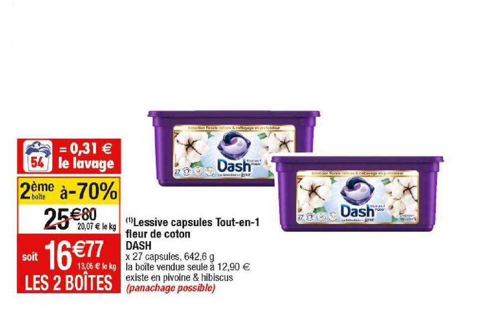 Promo Lessive capsules tout-en-1 fleur de coton dash chez Cora