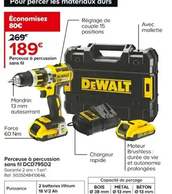 Castorama Perceuse Á Percussion Sans Fil DCD795D2 offre