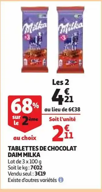 Auchan Supermarché Tablettes de chocolat daim milka offre