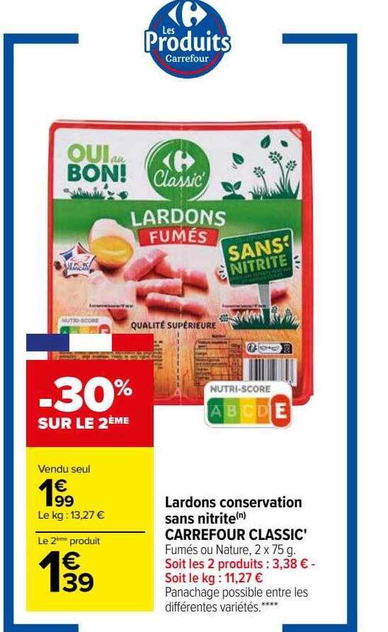 Promo Lardons conservation sans nitrite carrefour classic' chez Carrefour