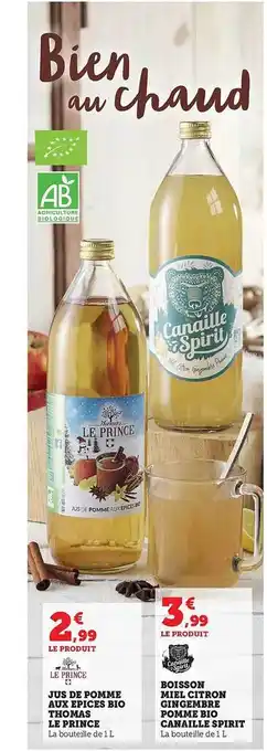 Hyper U Jus de pomme aux epices bio thomas le prince, boisson miel citron gingembre pomme bio canaille spirit offre