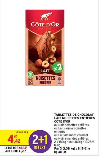Intermarché Hyper Tablettes de chocolat lait noisettes entières côte d'or offre