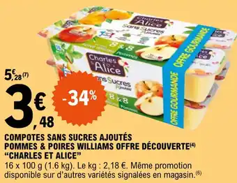 E.Leclerc Compotes sans sucres ajoutés pommes & poires williams offre découverte "CHARLES ET ALICE" offre