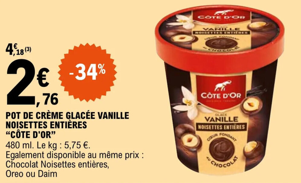 Promo Pot de crème glacée vanille noisettes entières "CÔTE D'OR" chez E