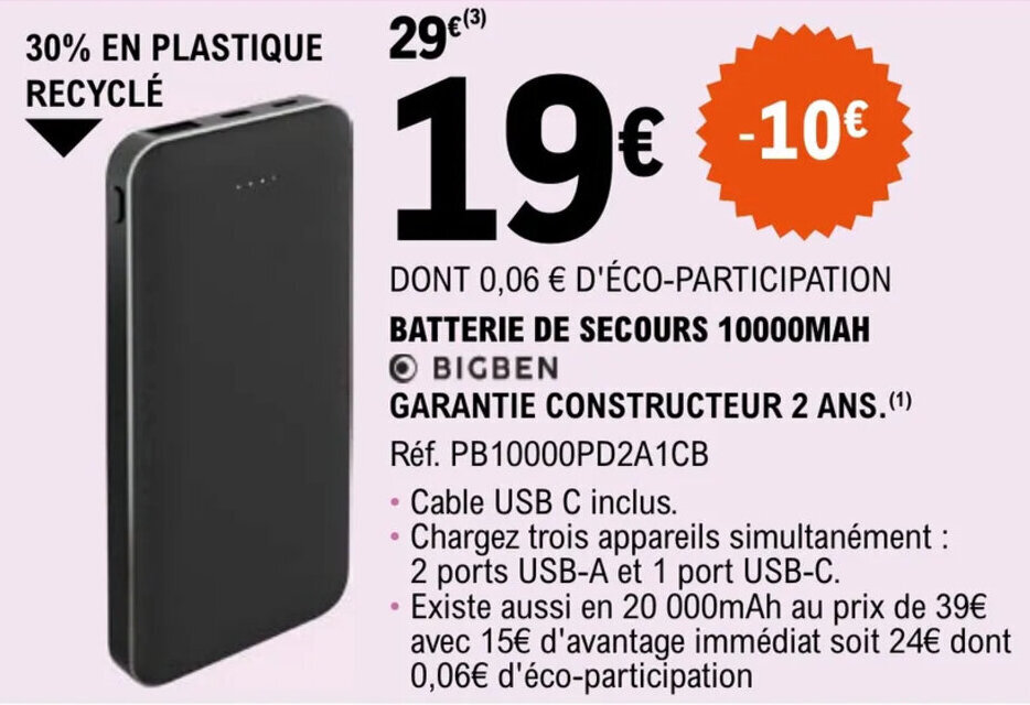 Promo Batterie de secours 10000MAH chez E.Leclerc