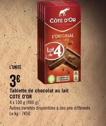 Géant Casino Tablette de Chocolat Au Lait Cote d'Or offre