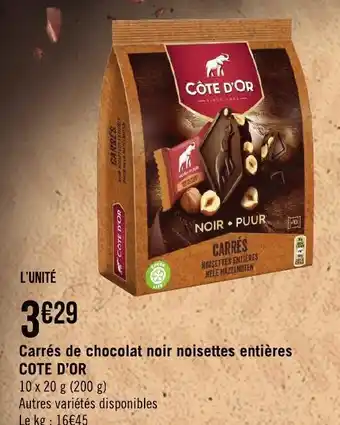 Géant Casino Carres de Chocolat Noir Noisettes entieres Cote d'Or offre