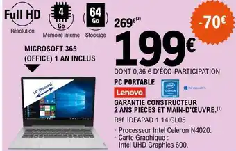 E.Leclerc Pc portable lenovo microsoft 365 (office) 1 an inclus offre