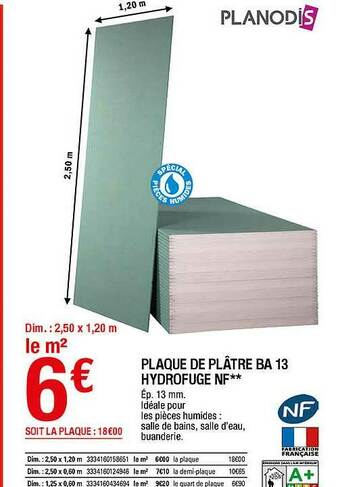 Brico Dépôt Plaque De Plâtre Ba 13 Hydrofuge Nf Planodis offre