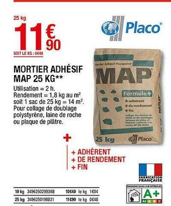 Brico Dépôt Mortier Adhésif Map 25 Kg Placo offre