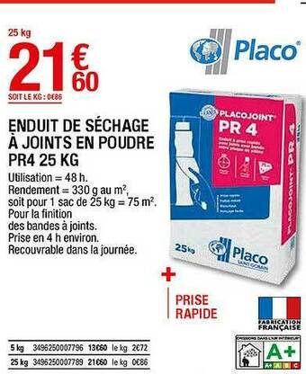 Brico Dépôt Enduit De Séchage à Joint En Poudre Pr4 25 Kg Placo offre