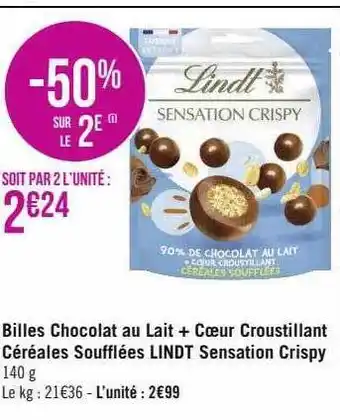 Billes chocolat au lait + cœur croustillant céréales soufflées lindt sensation crispy