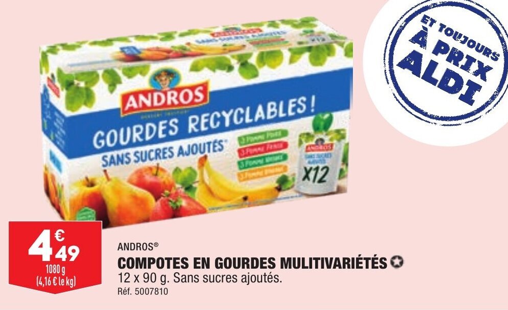 Promo Compotes en gourdes multivariétés ANDROS chez ALDI