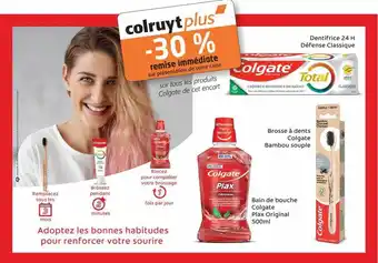 Colruyt Dentifrice 24 h défense classique, brosse à dents colgate bambou souple, bain de bouche colgate plax original 500ml offre