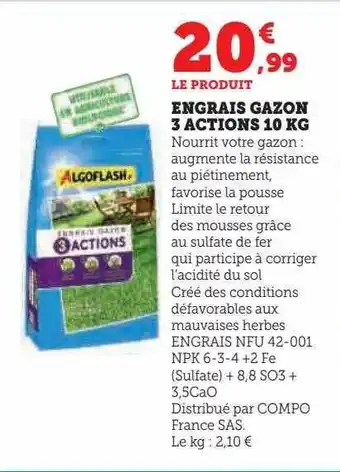 Hyper U Engrais gazon 3 actions 10 kg algoflash offre