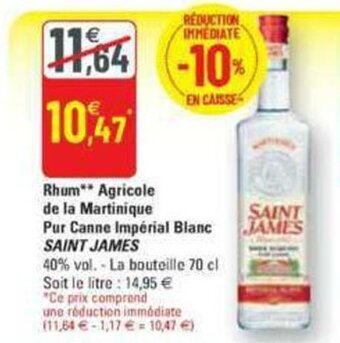 G20 Rhum agricole de la martinique pur canne impérial blanc SAINT JAMES offre