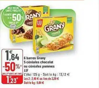 G20 6 barres grany 5 céréales chocolat ou céréales pommes lu offre