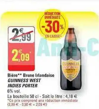 G20 Bière brune irlandaise guiness west indies porter offre