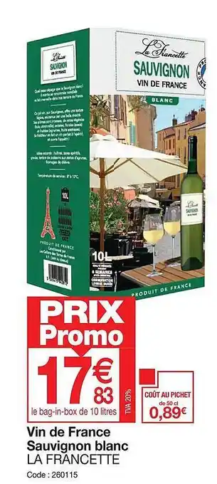Promocash Vin de france sauvignon blanc la francette offre